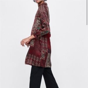 Zara Satin Dress Patchwork Print Small Dark Red 70s style collared V neck